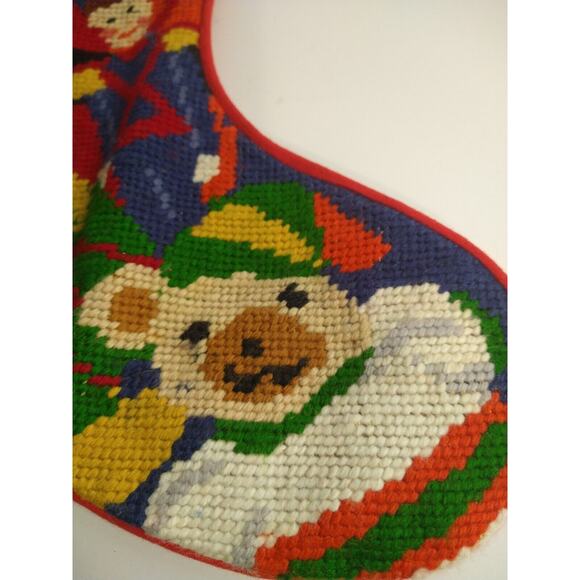 Vintage Needlepoint Santa Christmas Stocking 18" w/ Toys & Teddy Bear - Picture 8 of 8